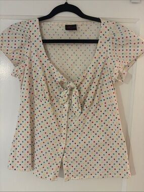 Vintage Torrid White Polka Dot Tie-Front Button-Up Top